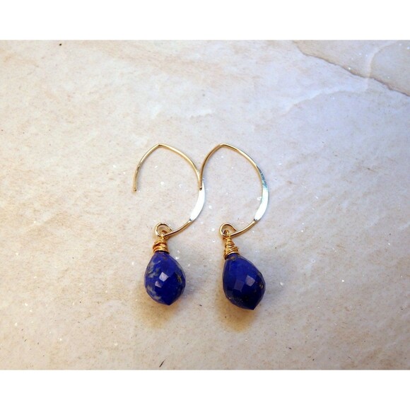 Lapis Lazuli Gold Long Earrings Modern Design Minimalist Handmade Egyptian Stone - Picture 5 of 5